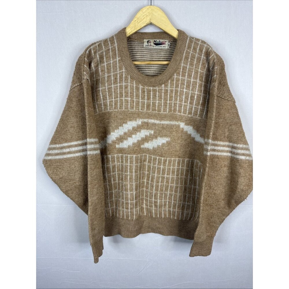 Vintage 80s Mohair Blend Sweater Tan‎ White Grid Pattern Made In Korea Size 36